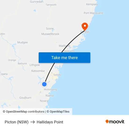 Picton (NSW) to Hallidays Point map
