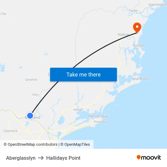 Aberglasslyn to Hallidays Point map