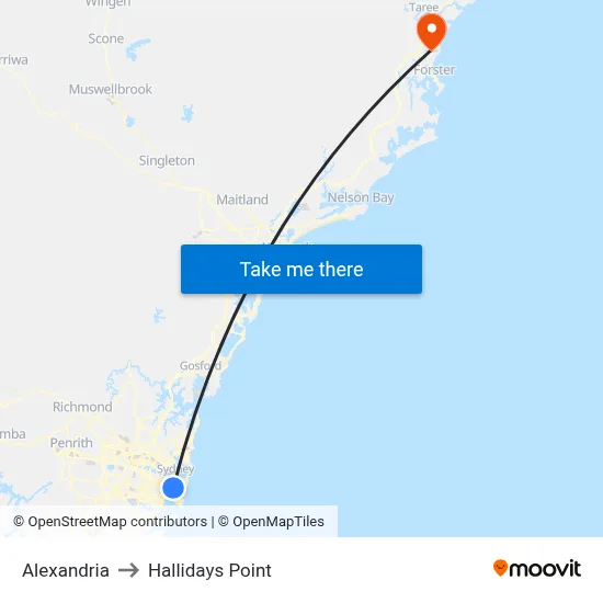 Alexandria to Hallidays Point map