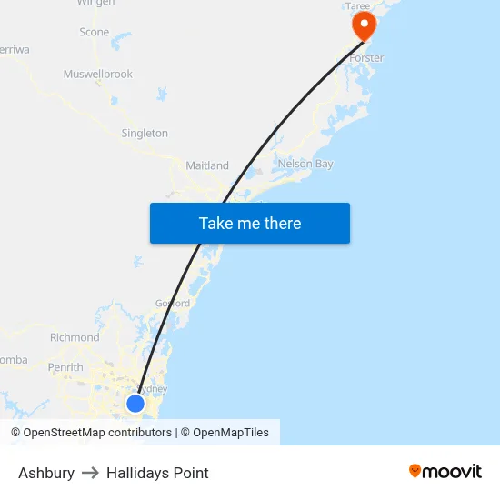 Ashbury to Hallidays Point map