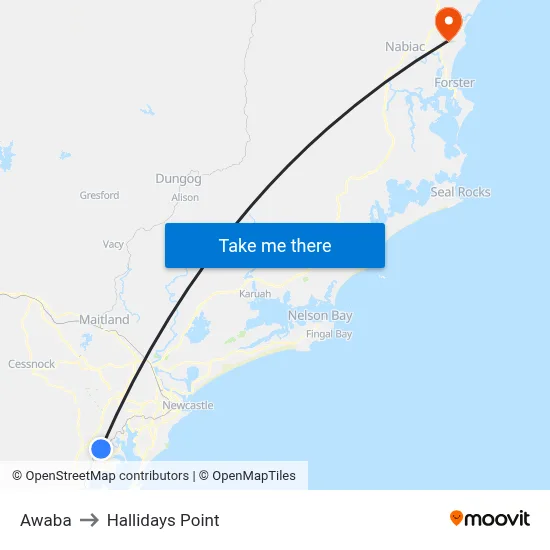 Awaba to Hallidays Point map
