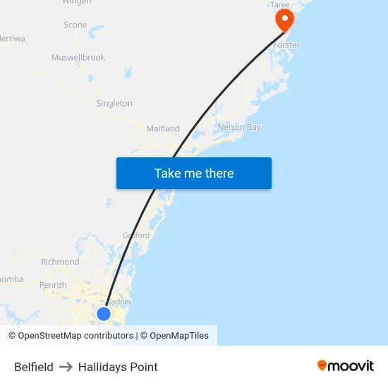 Belfield to Hallidays Point map