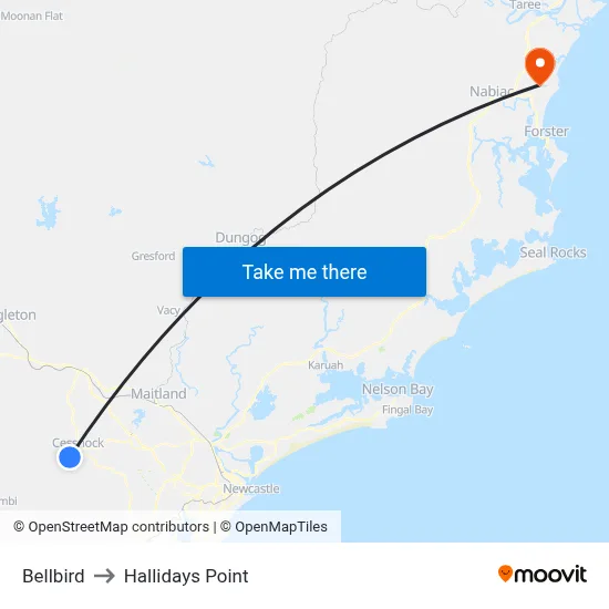 Bellbird to Hallidays Point map