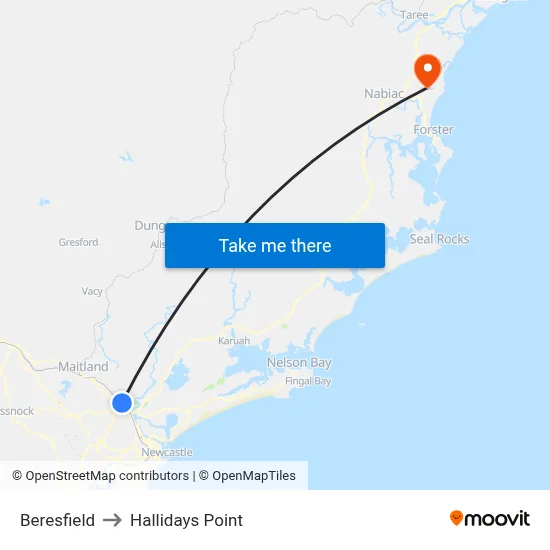 Beresfield to Hallidays Point map