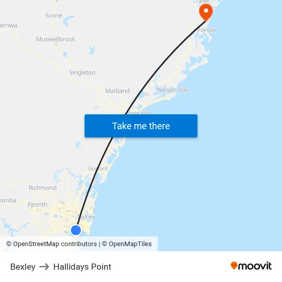 Bexley to Hallidays Point map