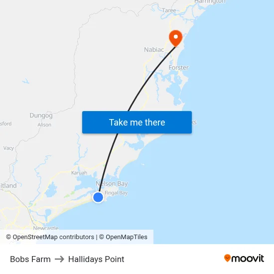 Bobs Farm to Hallidays Point map