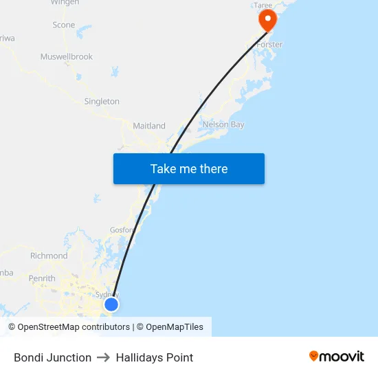 Bondi Junction to Hallidays Point map