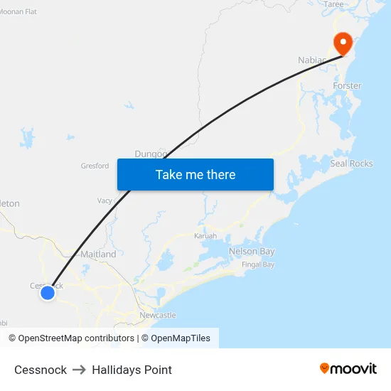 Cessnock to Hallidays Point map
