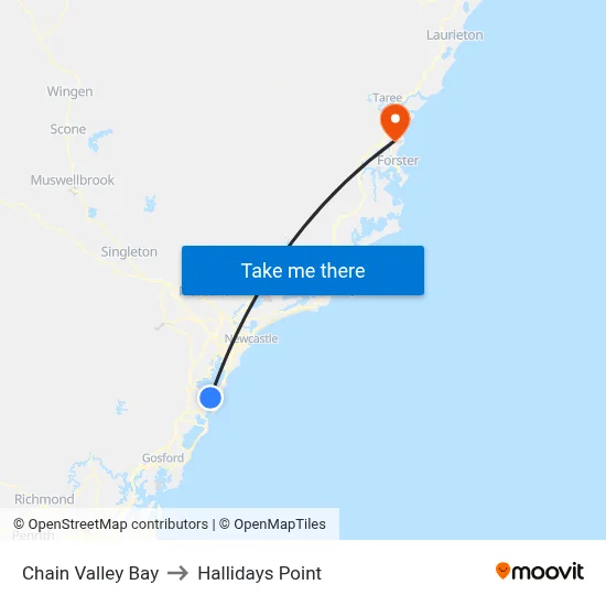 Chain Valley Bay to Hallidays Point map