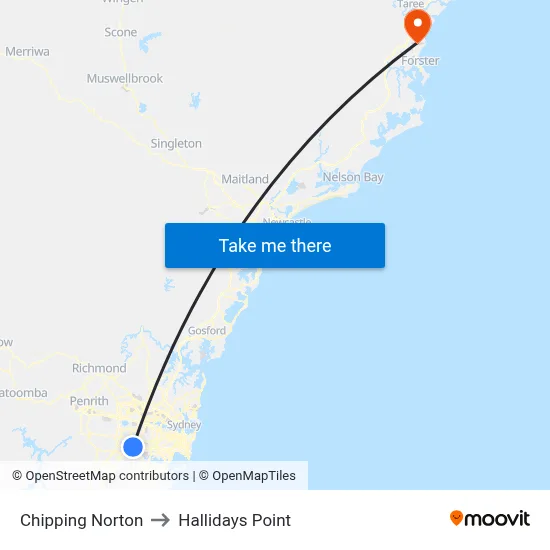 Chipping Norton to Hallidays Point map