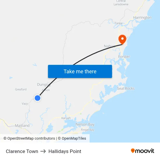 Clarence Town to Hallidays Point map