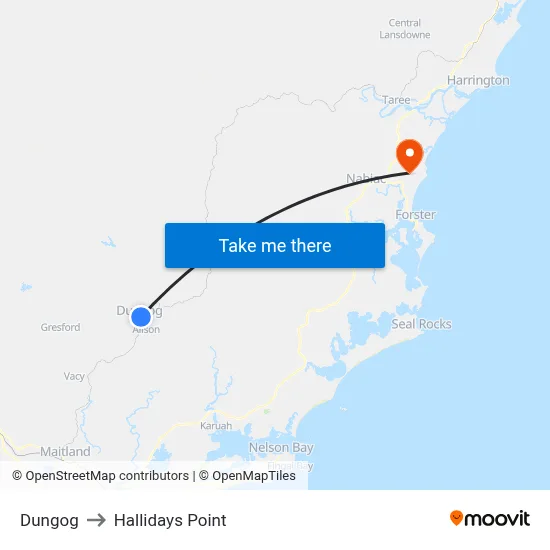 Dungog to Hallidays Point map