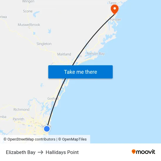 Elizabeth Bay to Hallidays Point map