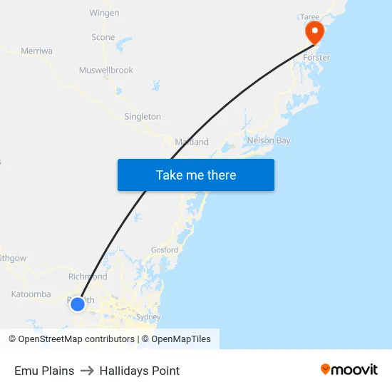 Emu Plains to Hallidays Point map