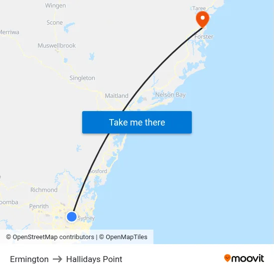 Ermington to Hallidays Point map