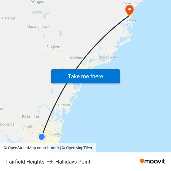 Fairfield Heights to Hallidays Point map