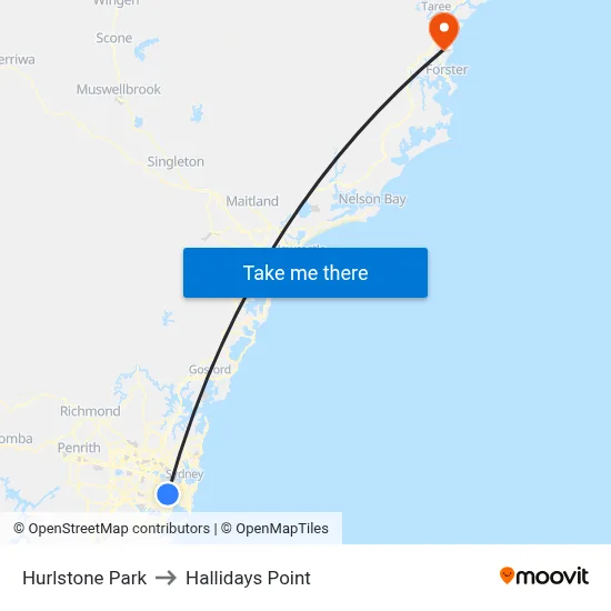 Hurlstone Park to Hallidays Point map