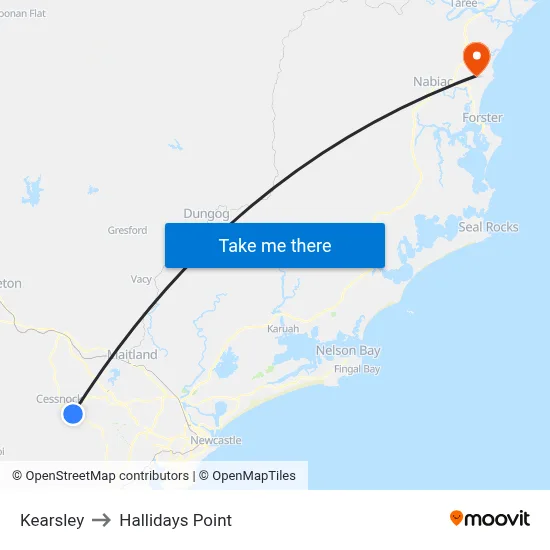 Kearsley to Hallidays Point map