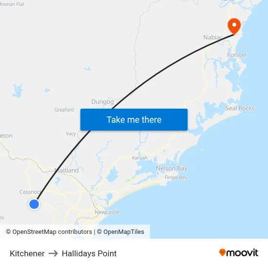 Kitchener to Hallidays Point map