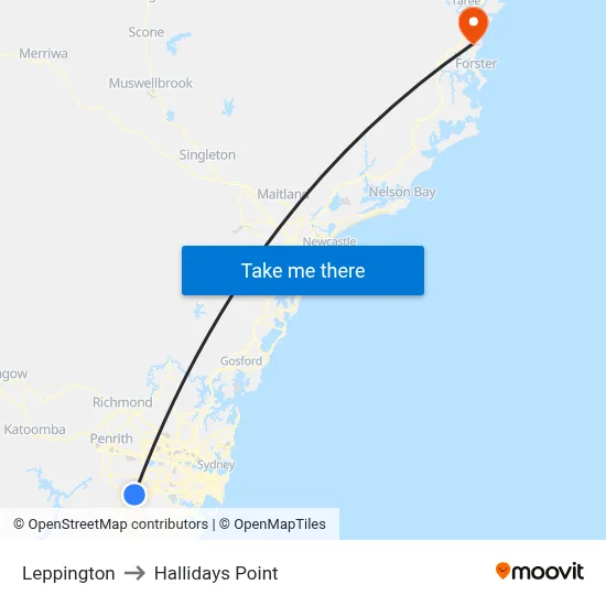 Leppington to Hallidays Point map