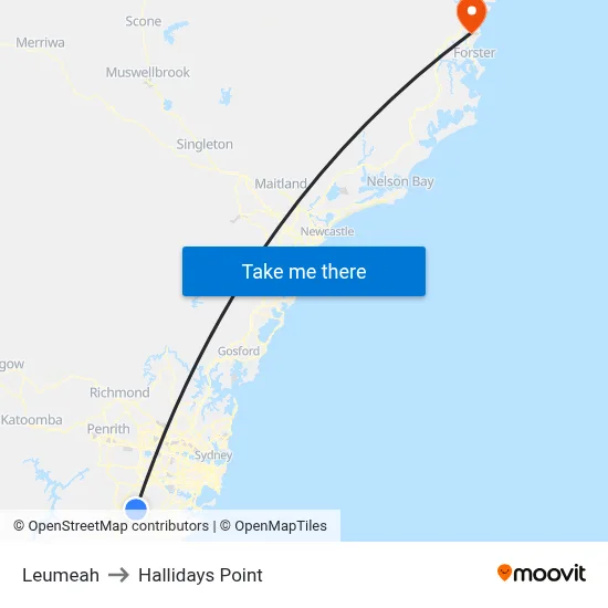 Leumeah to Hallidays Point map