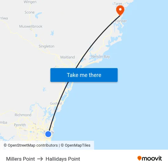 Millers Point to Hallidays Point map