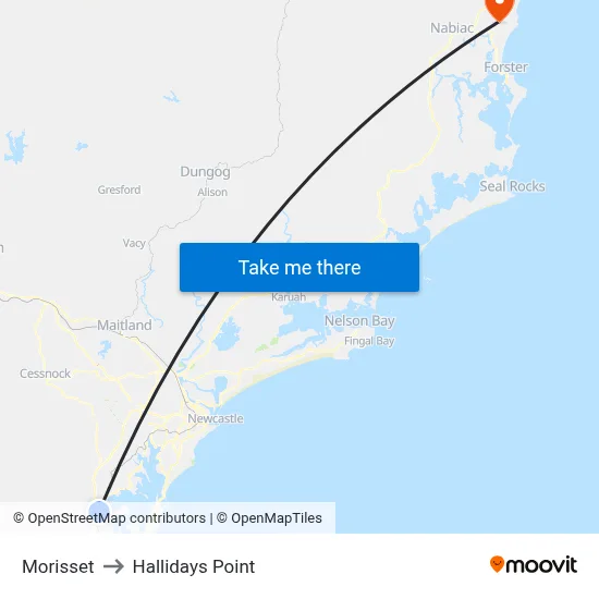 Morisset to Hallidays Point map