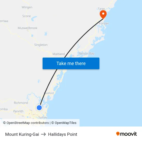 Mount Kuring-Gai to Hallidays Point map