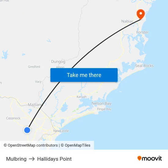 Mulbring to Hallidays Point map