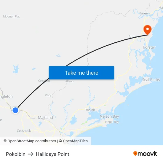 Pokolbin to Hallidays Point map