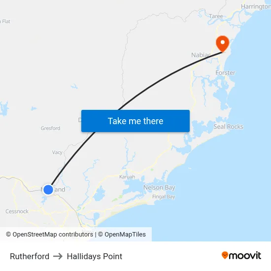 Rutherford to Hallidays Point map