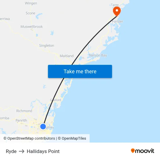 Ryde to Hallidays Point map