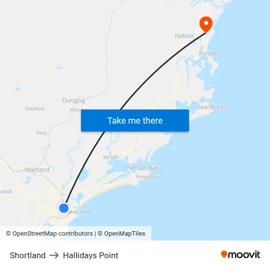 Shortland to Hallidays Point map