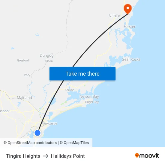 Tingira Heights to Hallidays Point map