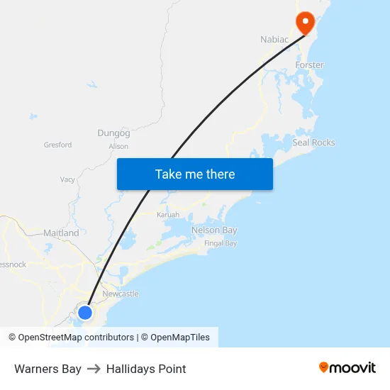 Warners Bay to Hallidays Point map