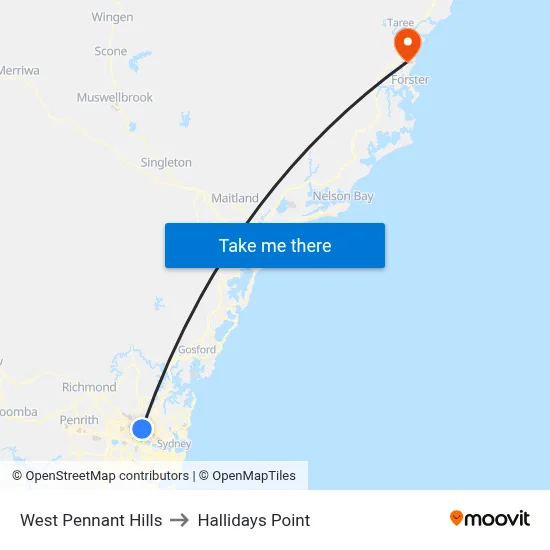 West Pennant Hills to Hallidays Point map