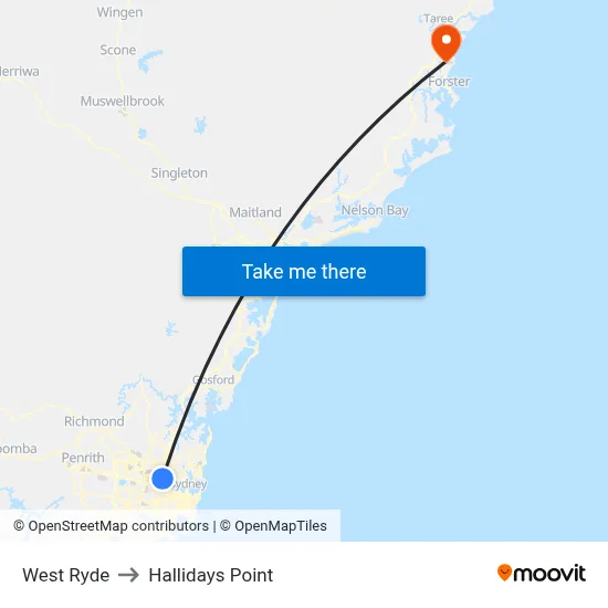 West Ryde to Hallidays Point map