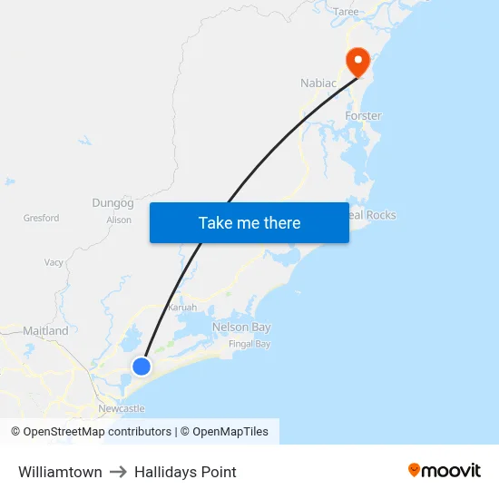 Williamtown to Hallidays Point map