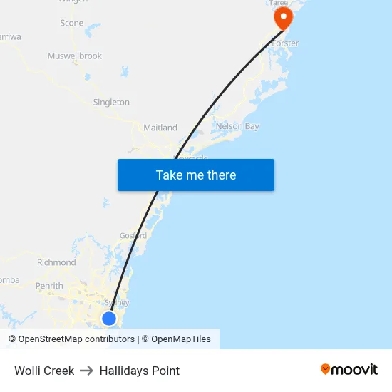 Wolli Creek to Hallidays Point map
