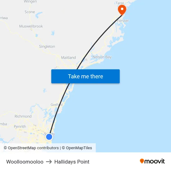 Woolloomooloo to Hallidays Point map