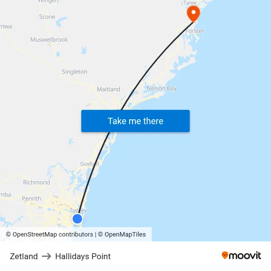 Zetland to Hallidays Point map