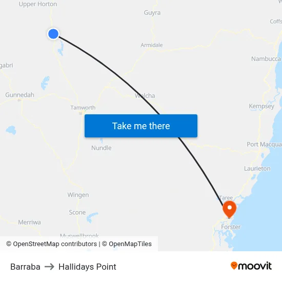 Barraba to Hallidays Point map