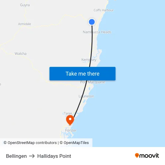Bellingen to Hallidays Point map