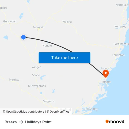 Breeza to Hallidays Point map