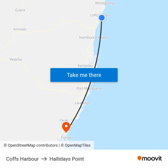 Coffs Harbour to Hallidays Point map