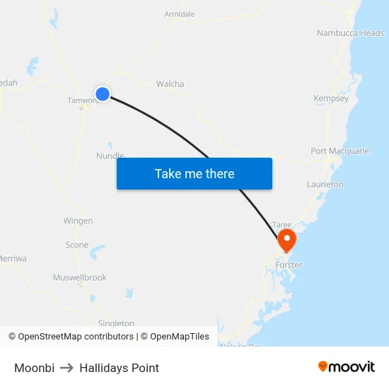 Moonbi to Hallidays Point map
