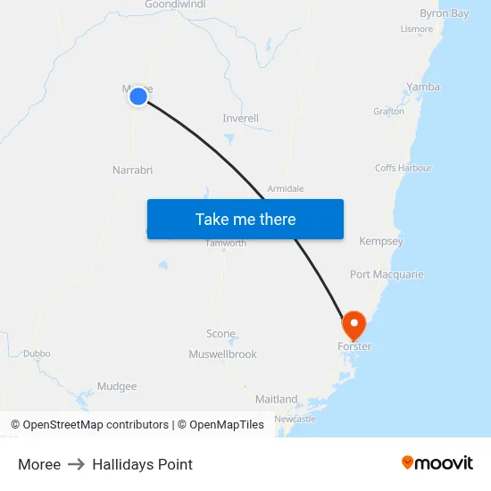 Moree to Hallidays Point map