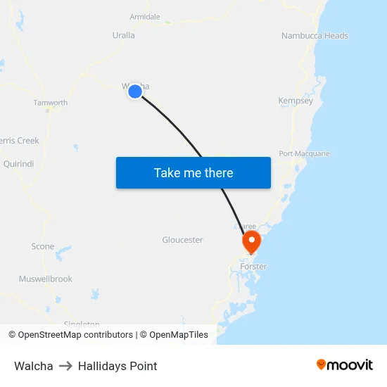 Walcha to Hallidays Point map