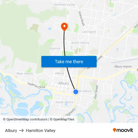 Albury to Hamilton Valley map