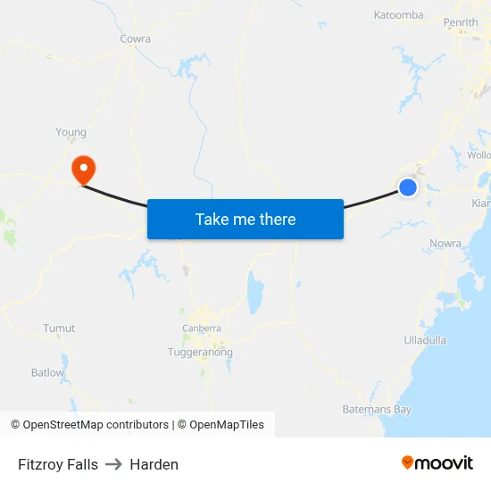 Fitzroy Falls to Harden map